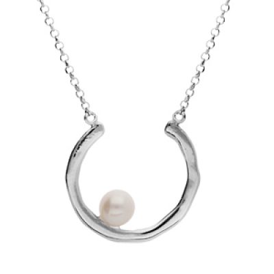 Collier en argent rhodié chaîne avec demi cercle et Perle de culture d'eau douce 43cm