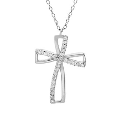 Collier en argent rhodié chaîne avec pendentif croix oxyde blanc serti 40+5cm