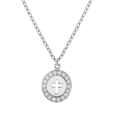 Collier en argent rhodié chaîne avec pendentif ovale croix et contour oxydes blancs sertis 40+5cm