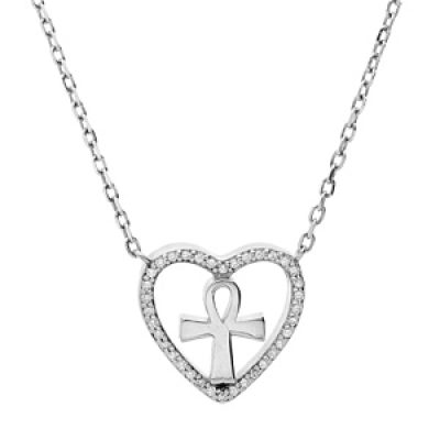 Collier en argent rhodié chaîne avec pendentif coeur évidéet  croix lisse contour oxydes blancs sertis 40+5cm