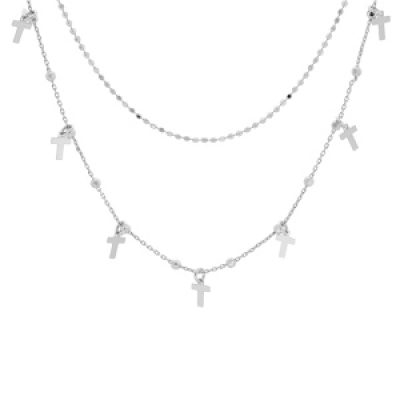 Collier en argent rhodié double chaîne avec pampilles croix 40+5cm