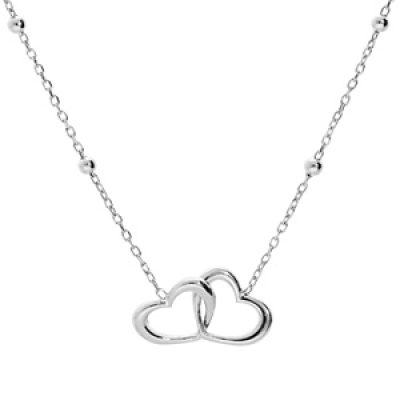 Collier en argent rhodié chaîne avec pendentif double coeur entremélé 40+5cm