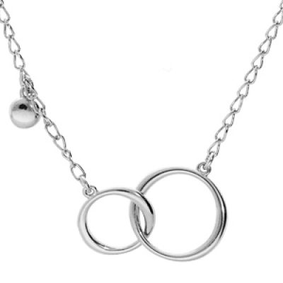 Collier en argent rhodié chaîne avec pendentif double cercle entremélé et pampille boule 40+5cm