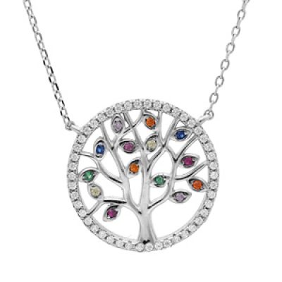 Collier en argent rhodié chaîne avec arbre de vie multicouleurs et contour oxydes blancs sertis 39+4cm