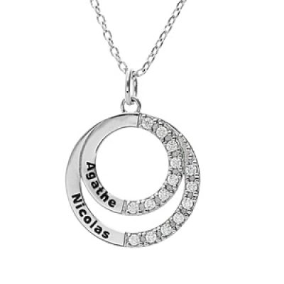Collier en argent platiné chaîne avec pendentif double cercle prénom à graver et oxydes blancs sertis 42+3cm