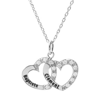Collier en argent platiné chaîne avec pendentif double coeur prénom à graver avec oxydes blancs sertis 42+3cm