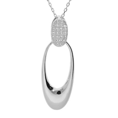Collier en argent rhodié massif chaîne avec pendentif oval et oxydes blancs sertis 40+5cm