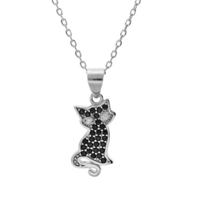Collier en argent rhodié chaîne avec pendentif chat oxydes noirs sertis 43cm réglable 41 et 39cm
