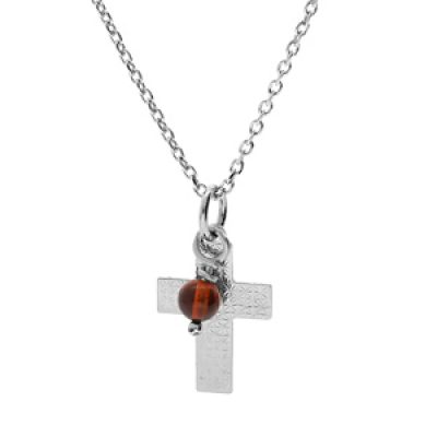 Collier en argent rhodié chaîne avec pendentif croix quadrillage et boule Ambre véritable 42+3cm