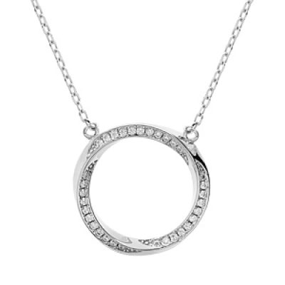 Collier en argent rhodié chaîneavec cercle ruban d'oxydes blancs sertis 41+4cm