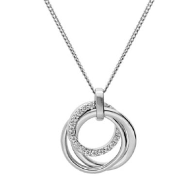 Collier en argent rhodié chaîne avec pendentif 3 cercles oxydes blancs sertis 41+5cm