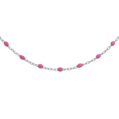 Collier en argent rhodié chaîne avec perles roses fluo 40+5cm