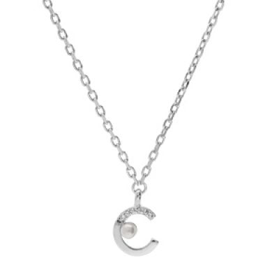 Collier en argent rhodié chaîne avec pendentif demi cercle perle de synthèse blanche et oxydes blancs sertis 42+3cm