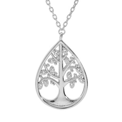 Collier en argent rhodié chaîne avec pendentif goutte motif arbre de vie oxydes blancs sertis 40+3