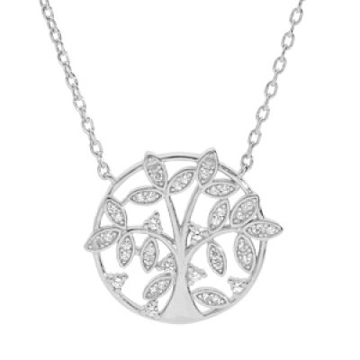 Collier en argent rhodié chaîne avec rond motif arbre de vie oxydes blancs sertis 39+2