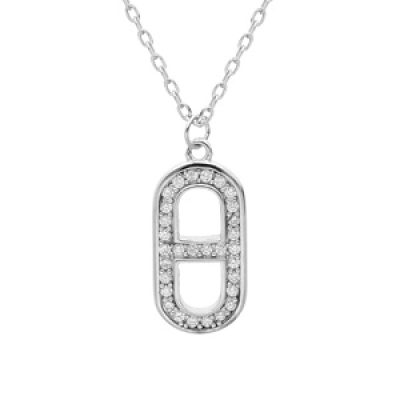 Collier en argent rhodié chaîne avec pendentif maillon marine oxydes blancs sertis 43cm réglable 41 et 39cm