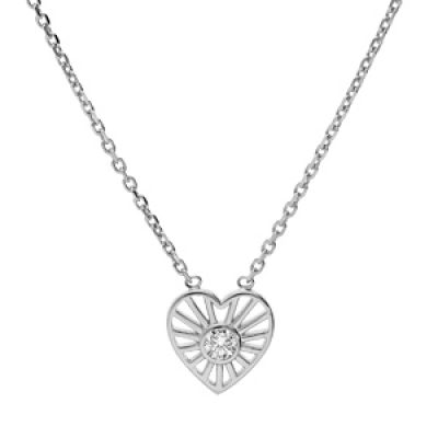 Collier en argent rhodié chaîne avec pendentif coeur soleil oxyde blanc serti 38+4cm