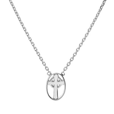 Collier en argent rhodié chaîne avec pendentif ovale motif croix 38+4cm