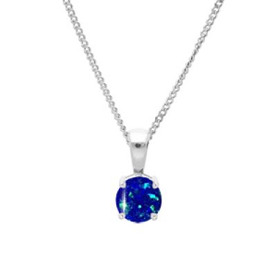 Collier en argent rhodié chaîne avec pendentif rond Opale bleu foncé de synthèse 5mm serti 4 griffes 42+3cm
