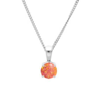 Collier en argent rhodié chaîne avec pendentif carré Opale orange de synthèse 5mm serti 4 griffes 42+3cm