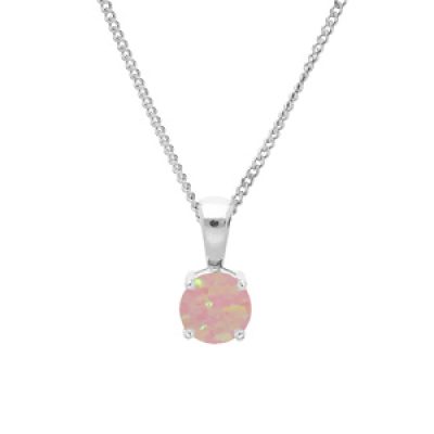 Collier en argent rhodié chaîne avec pendentif rond Opale rose de synthèse 5mm serti 4 griffes 42+3cm