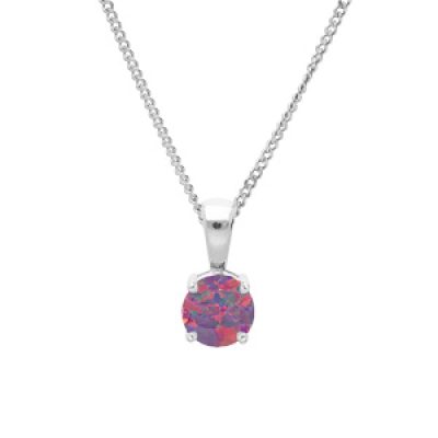 Collier en argent rhodié chaîne avec pendentif rond Opale violet de synthèse 5m serti 4 griffes 42+3cm