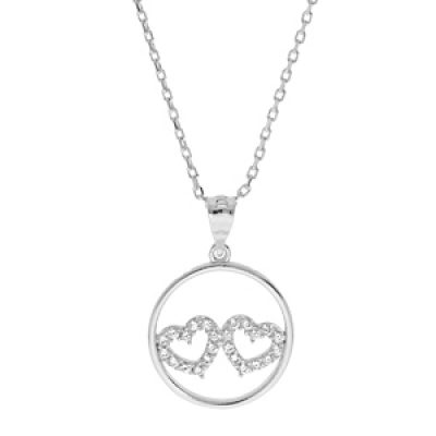 Collier en argent rhodié chaîne avec pendentif cercle double coeur pavés d'oxydes blancs 40+5cm