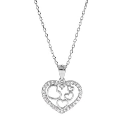 Collier en argent rhodié chaîne avec pendentif coeur contour oxydes blancs sertis 40+5cm