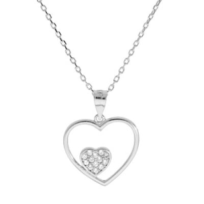 Collier en argent rhodié chaîne avec pendentif coeur évidé avec petit coeur oxydes blancs sertis 40+5cm