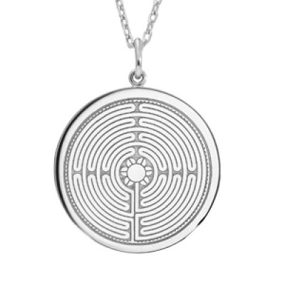 Collier en argent rhodié chaîne avec pendentif rond motif labyrinthe 40+5cm