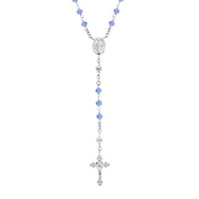 Collier en argent rhodié chapelet avec perles en verre facette bleu 50+5cm