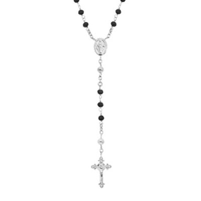 Collier en argent rhodié chapelet avec perles en verre facette noire 50+5cm