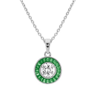 Collier en argent rhodié chaîne avec pendentif rond centre oxyde blanc et contour oxydes rectangulaires verts 40+5cm