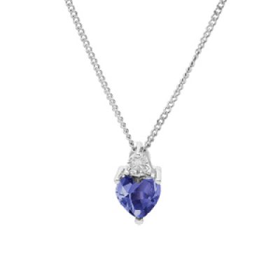 Collier en argent rhodié chaîne avec pendentif oxyde bleu foncé forme coeur et oxyde blanc 42+3cm