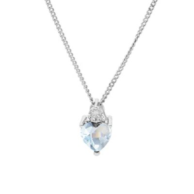 Collier en argent rhodié chaîne avec pendentif oxyde bleu ciel forme coeur et oxyde blanc 42+3cm