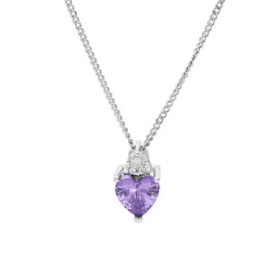 Collier en argent rhodié chaîne avec pendentif oxyde violet forme coeur et oxyde blanc 42+3cm