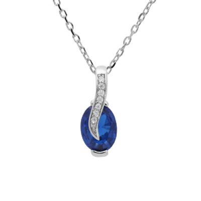 Collier en argent rhodié chaîne avec pendentif goutte d'oxyde bleu foncé et drapé avec oxydes blancs sertis 42+3cm