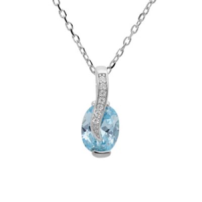 Collier en argent rhodié chaîne avec pendentif goutte d'oxyde bleu ciel et drapé avec oxydes blancs sertis 42+3cm
