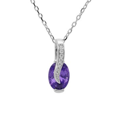 Collier en argent rhodié chaîne avec pendentif goutte d'oxyde violet et drapé avec oxydes blancs sertis 42+3cm