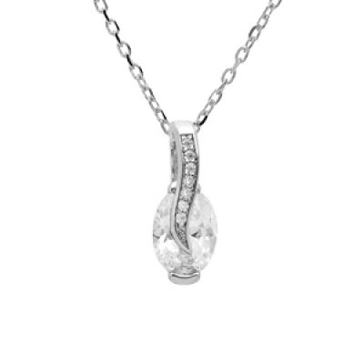 Collier en argent rhodié chaîne avec pendentif goutte d'oxyde blanc et drapé avec oxydes blancs sertis 42+3cm