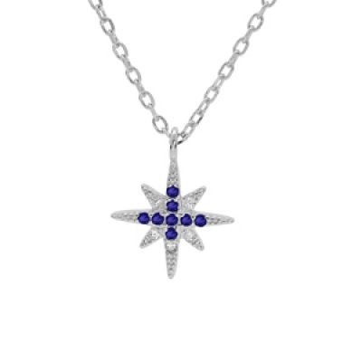 Collier en argent rhodié chaîne avec pendentif étoile ornée d'oxydes bleus et blancs sertis 40+4cm