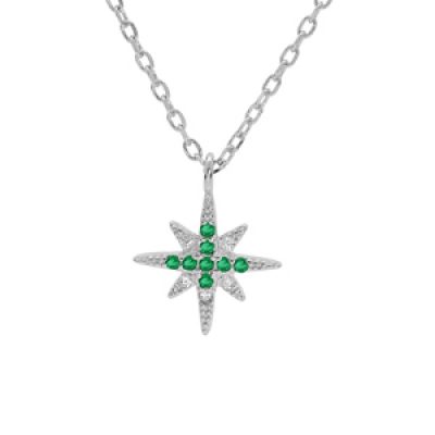 Collier en argent rhodié chaîne avec pendentif étoile ornée d'oxydes verts et blancs sertis 40+4cm