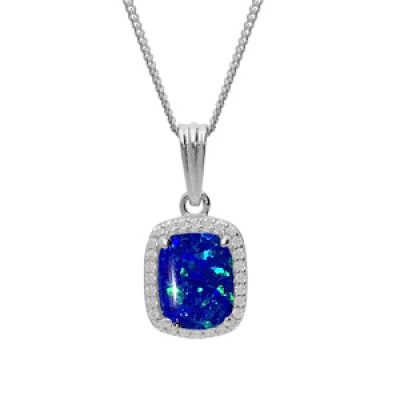 Collier en argent rhodié chaîne avec pendentif carré Opale bleu foncé de synthèse et oxydes blancs sertis 42+3cm