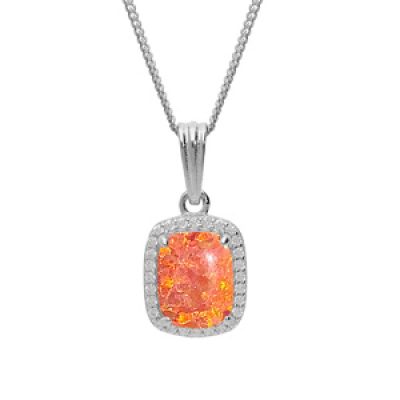 Collier en argent rhodié chaîne avec pendentif carré Opale orange de synthèse et oxydes blancs sertis 42+3cm