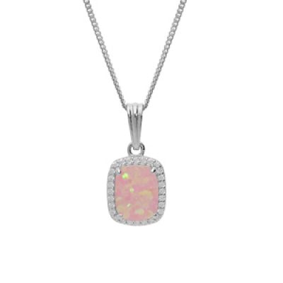 Collier en argent rhodié chaîne avec pendentif carré Opale rose de synthèse et oxydes blancs sertis 42+3cm
