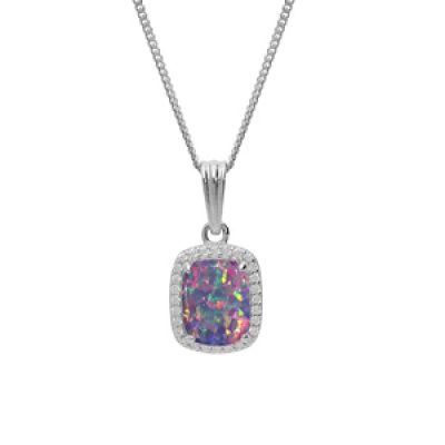 Collier en argent rhodié chaîne avec pendentif carré Opale violet de synthèse et oxydes blancs sertis 42+3cm