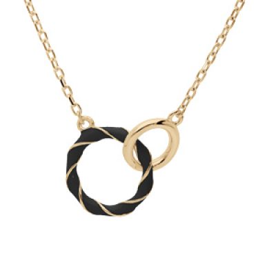 Collier en argent doré chaîne avec pendentif 2 anneaux noir et lisse 42+3cm