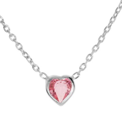 Collier en argent rhodié chaîne avec pendentif coeur en oxyde rose sertis 37+3cm