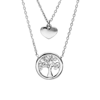 Collier en argent rhodié 2 rangs coeur et arbre de vie 40+4cm