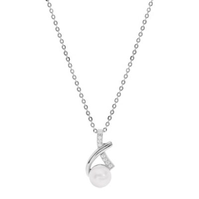Collier en argent rhodié chaîne avec pendentif perle de culture d'eau douce blanche et oxydes blancs sertis 42+3cm